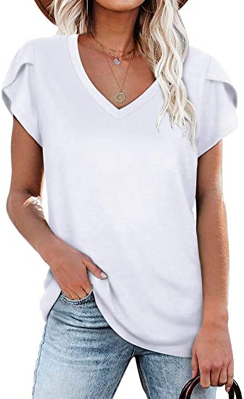 ๐ธ Women's V-Neck Petal Sleeve Summer T-Shirt โ Elegant & Breezy