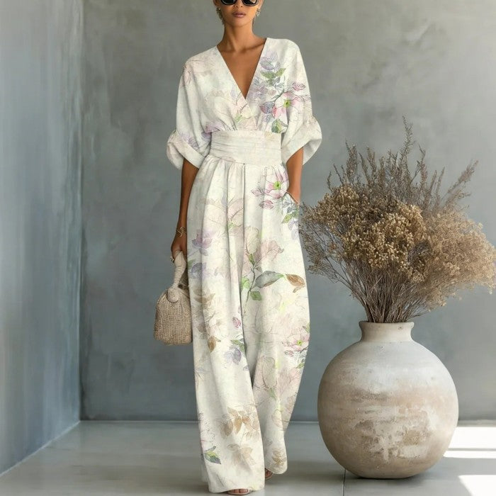 Women's Waist-Cinched V-Neck Printed Wide-Leg Jumpsuit