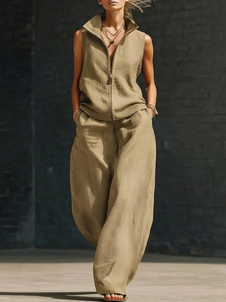 Women's Sleeveless Zippered Linen Two-Piece Set