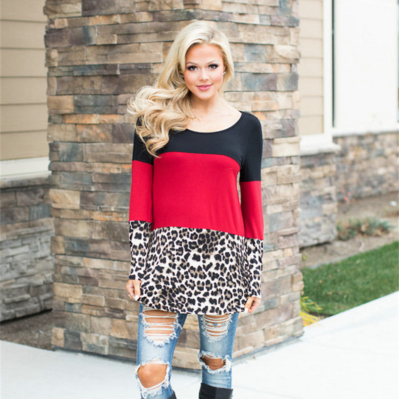 Color Block Leopard Print Lace Back T-Shirt for Families
