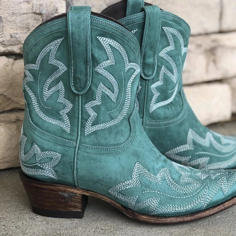 Embroidered Pointed Toe Short Boots