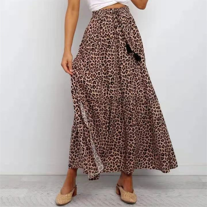 High Waist Brown Leopard Print Cotton Skirt