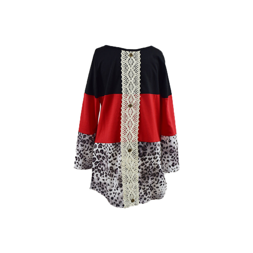 Color Block Leopard Print Lace Back T-Shirt for Families