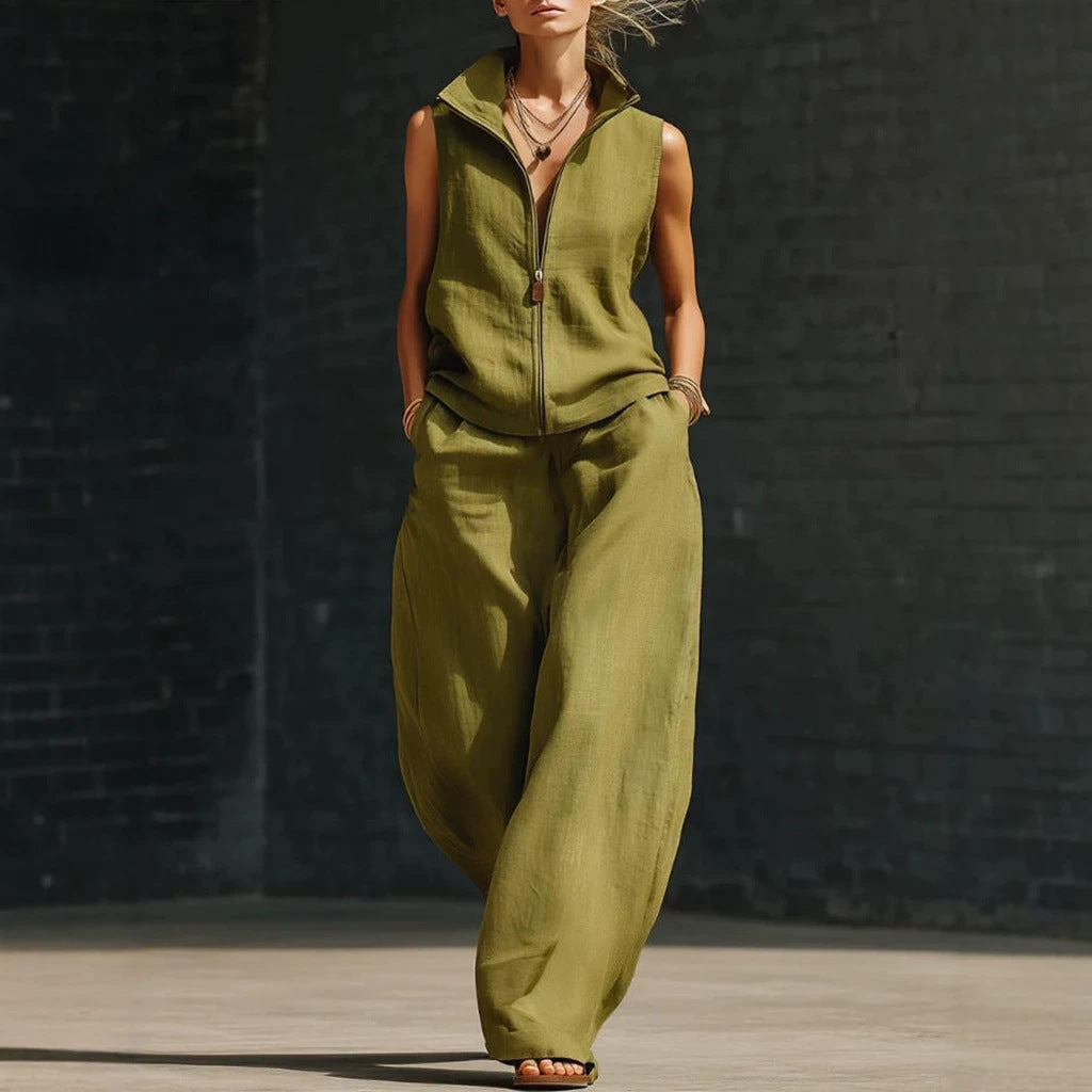 Women's Sleeveless Zippered Linen Two-Piece Set