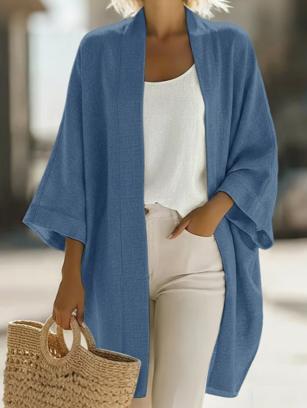 Women's Japanese Linen-Blend Kimono Cardigan – Open Front 3/4 Sleeve