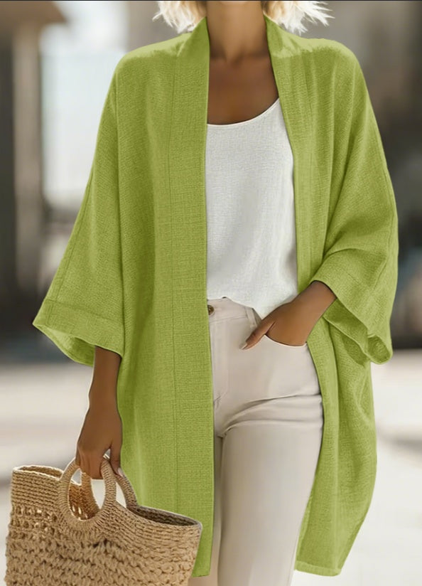 Women's Japanese Linen-Blend Kimono Cardigan – Open Front 3/4 Sleeve