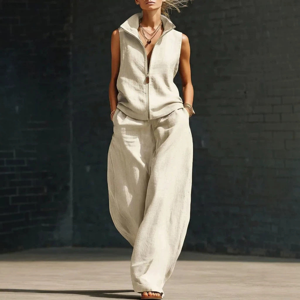 Women's Sleeveless Zippered Linen Two-Piece Set