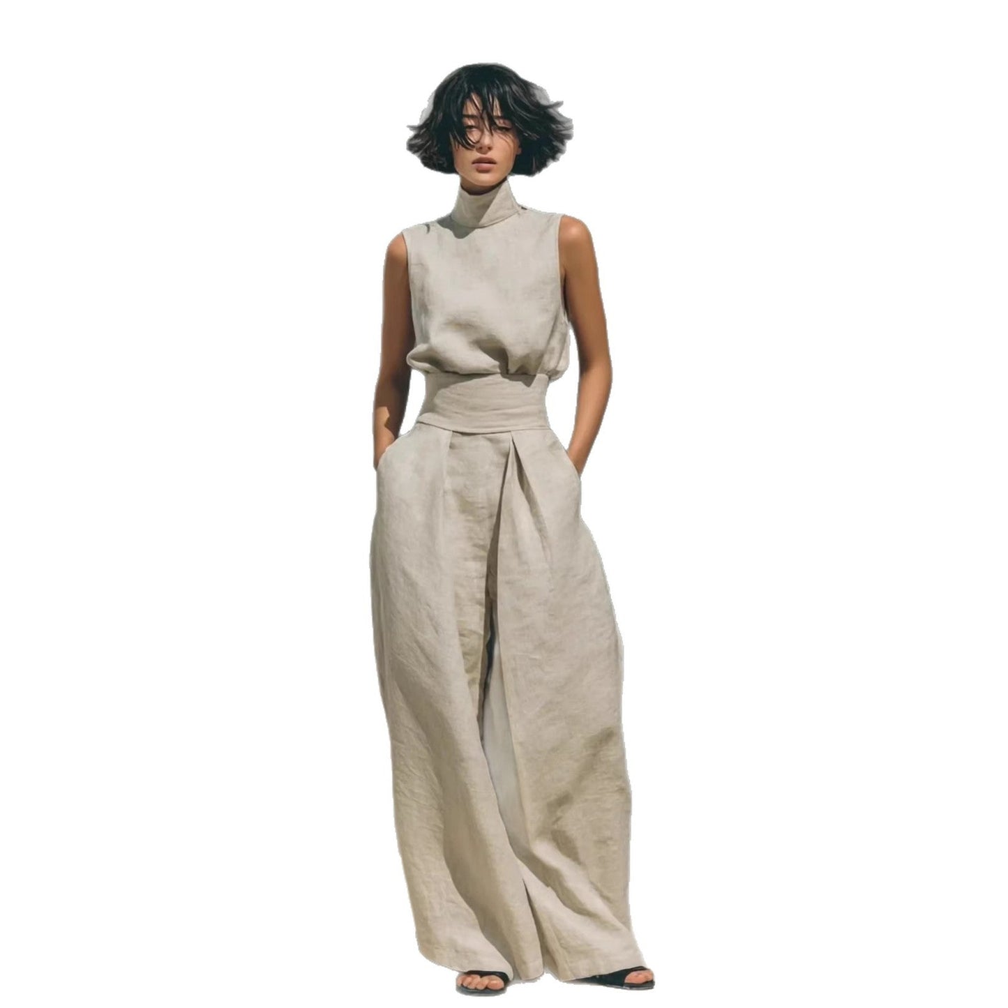 Casual Sleeveless Suit Summer Stand-up Collar Pullover Top And Loose Straight-leg Trousers Women's Clothing