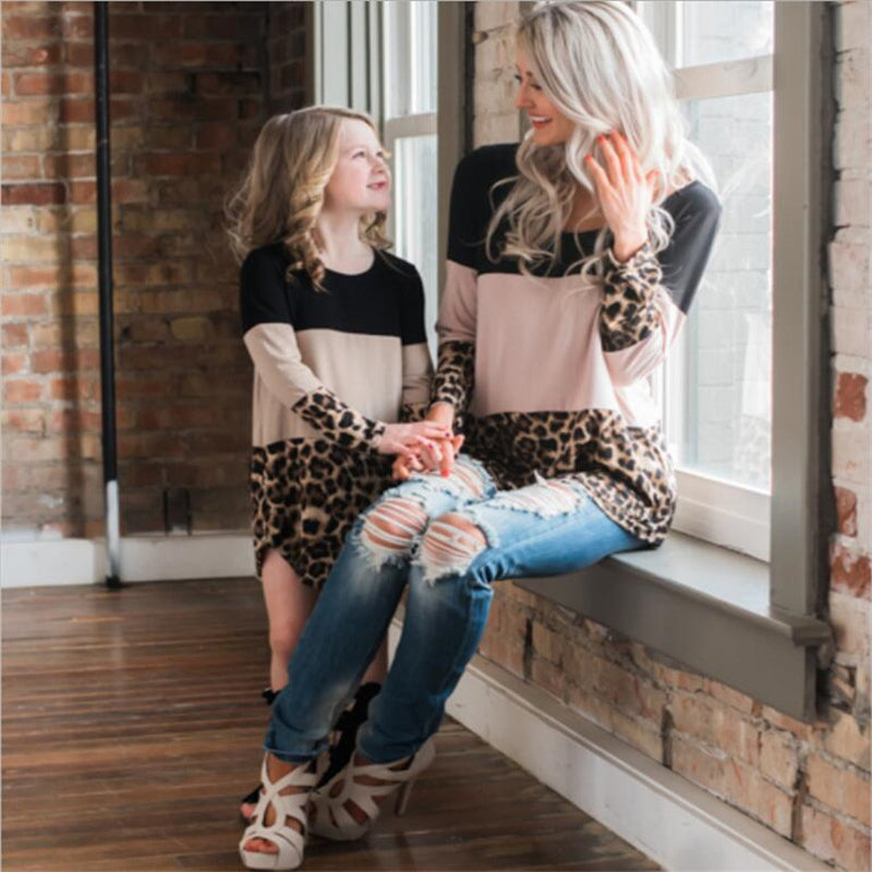 Color Block Leopard Print Lace Back T-Shirt for Families