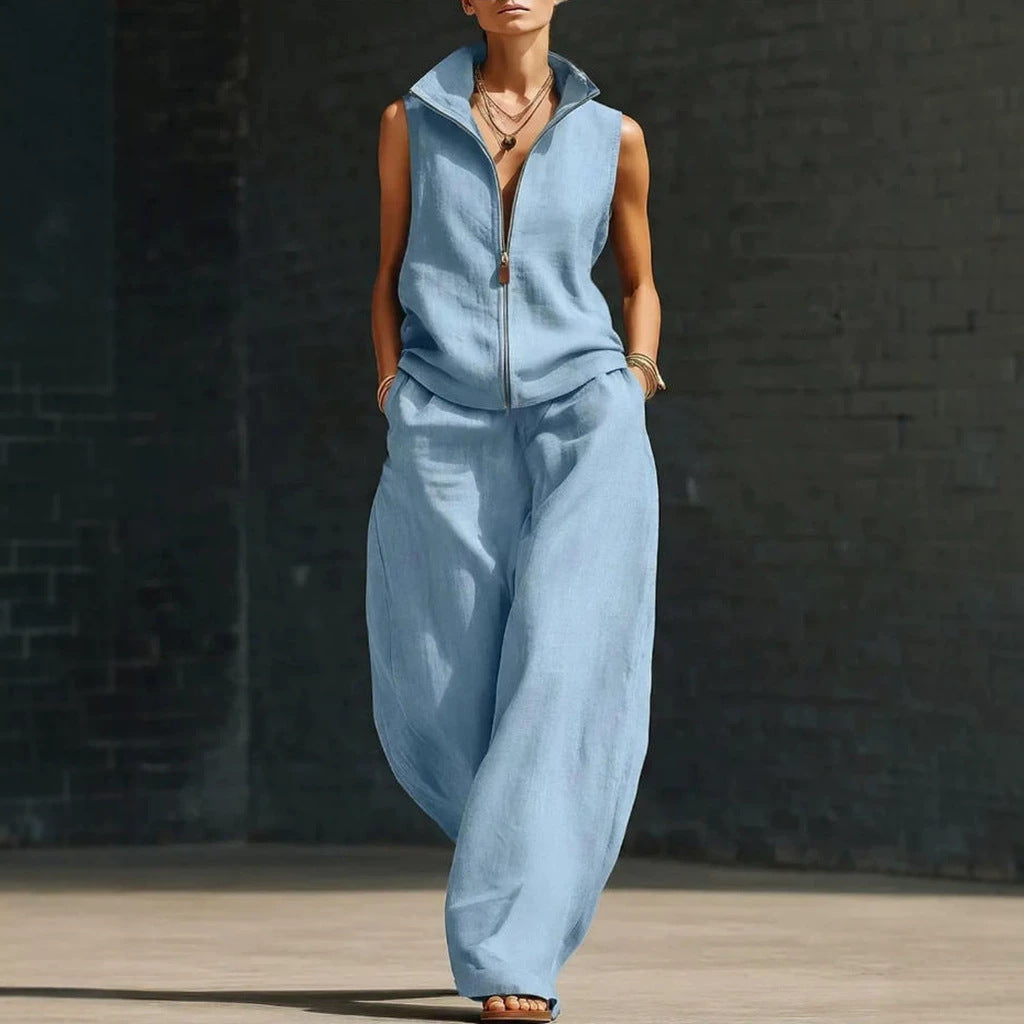 Women's Sleeveless Zippered Linen Two-Piece Set