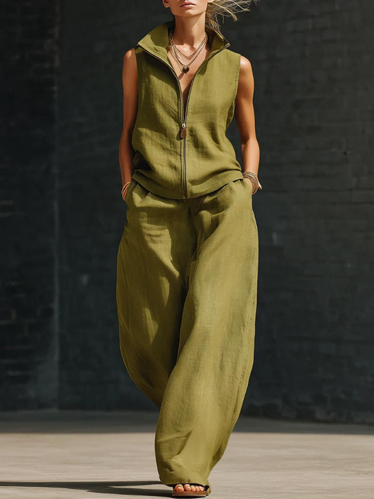Women's Sleeveless Zippered Linen Two-Piece Set