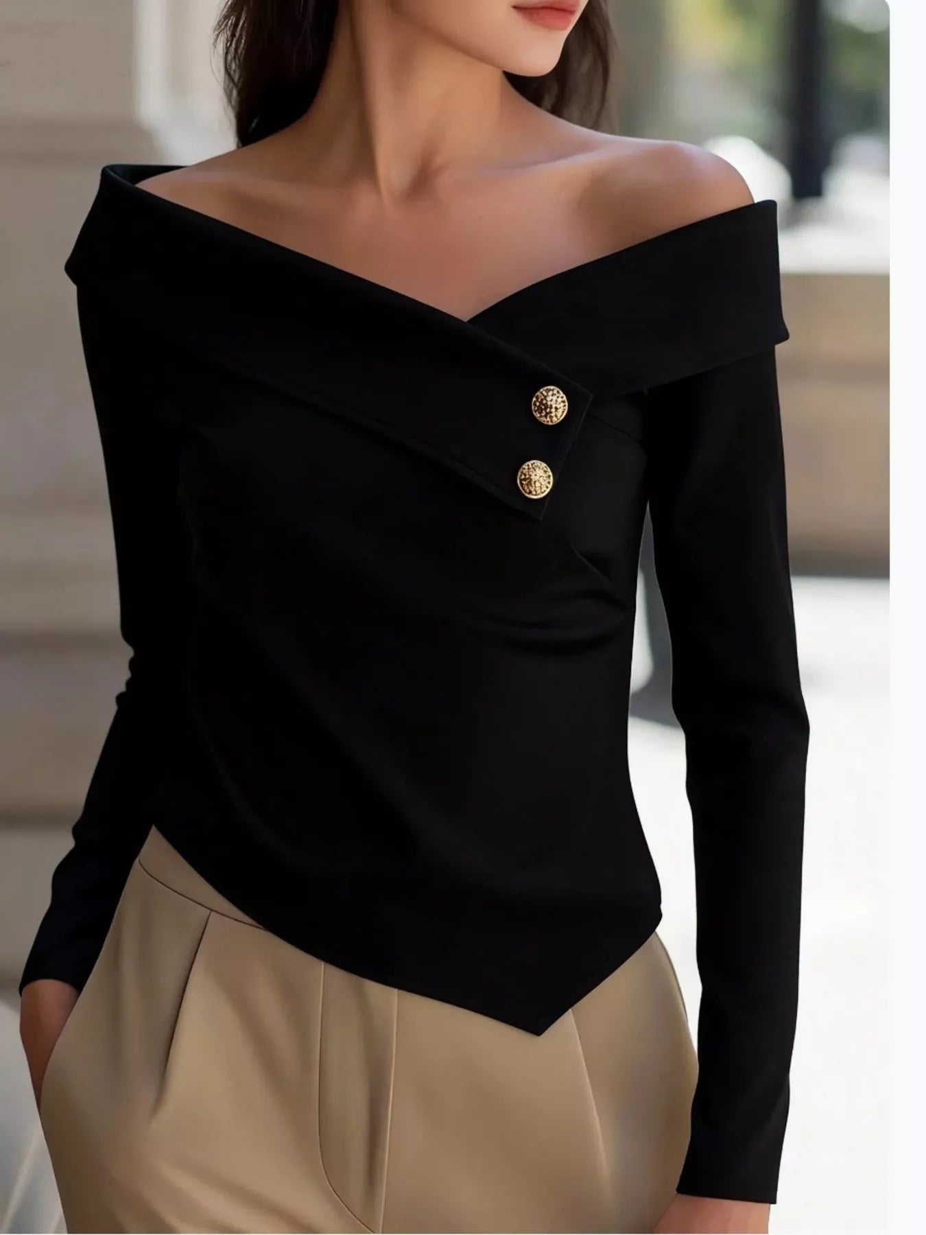 Off-Shoulder Button Decor Blouse