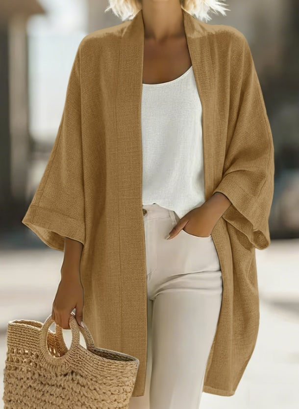 Women's Japanese Linen-Blend Kimono Cardigan – Open Front 3/4 Sleeve