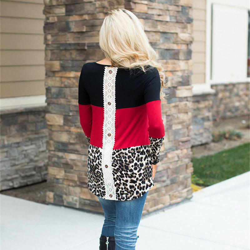 Color Block Leopard Print Lace Back T-Shirt for Families