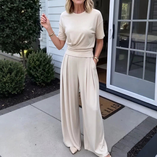 Women's Loose Crew-Neck T-Shirt & Wide-Leg Pants Two-Piece Set