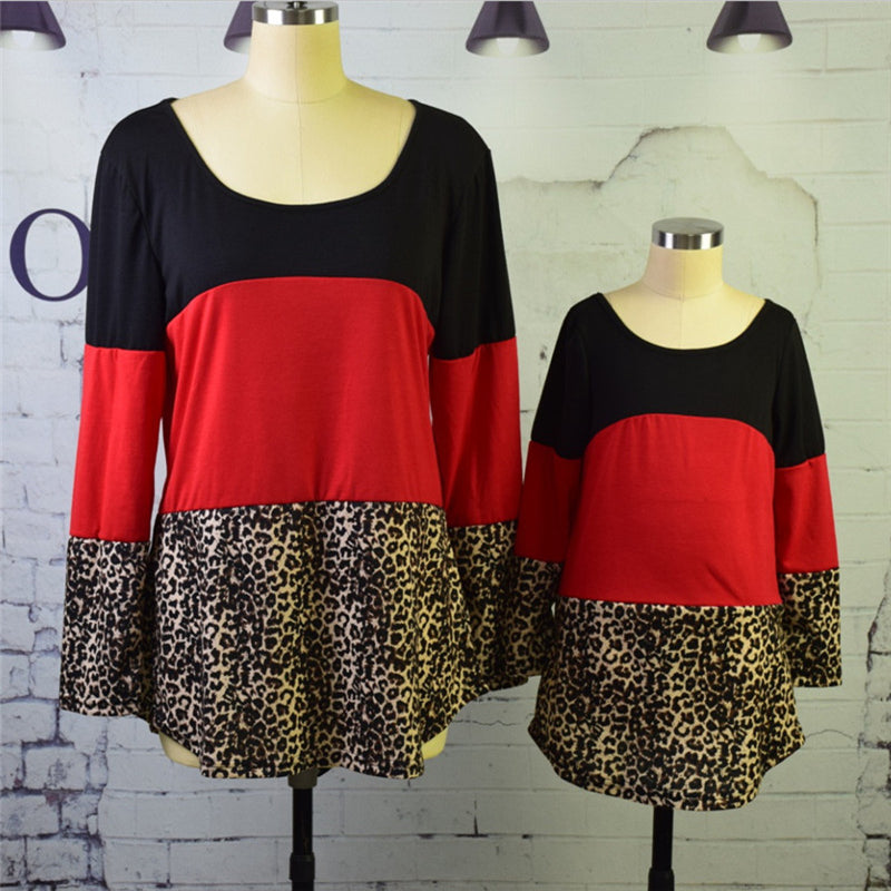 Color Block Leopard Print Lace Back T-Shirt for Families