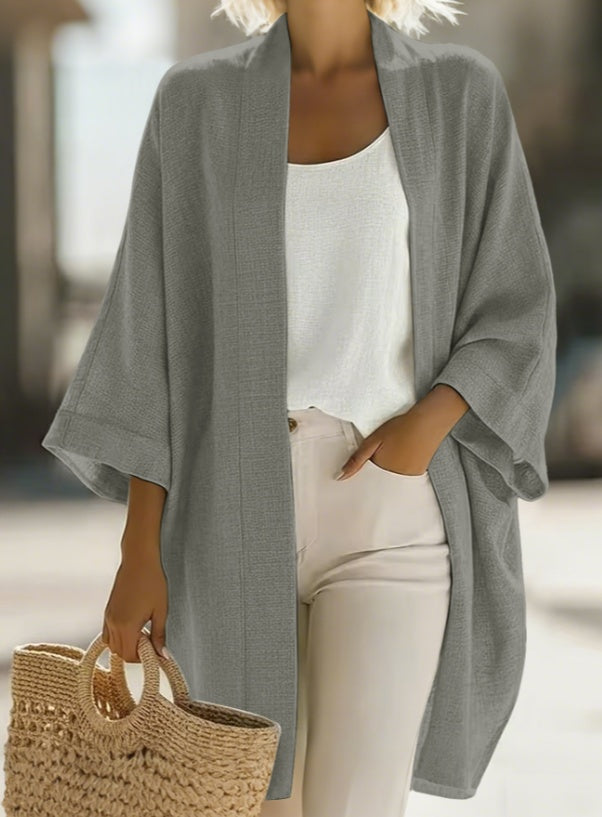 Women's Japanese Linen-Blend Kimono Cardigan – Open Front 3/4 Sleeve