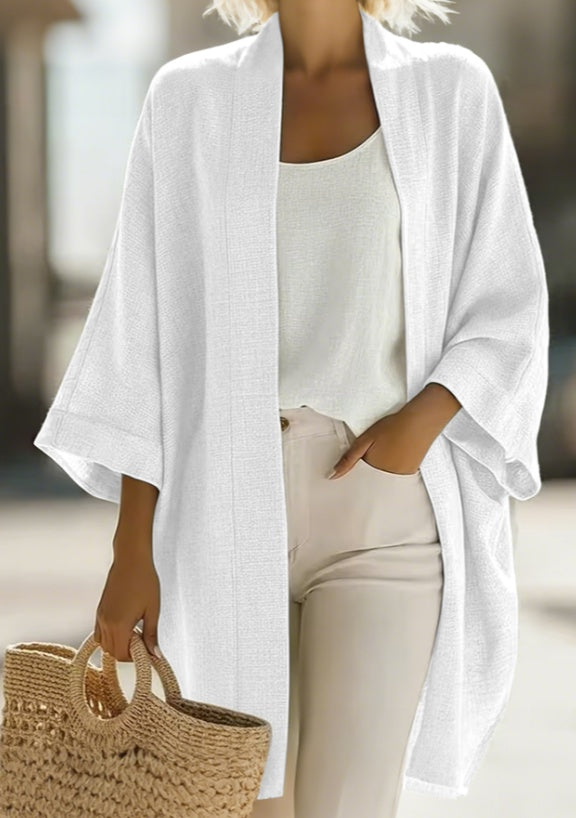 Women's Japanese Linen-Blend Kimono Cardigan – Open Front 3/4 Sleeve