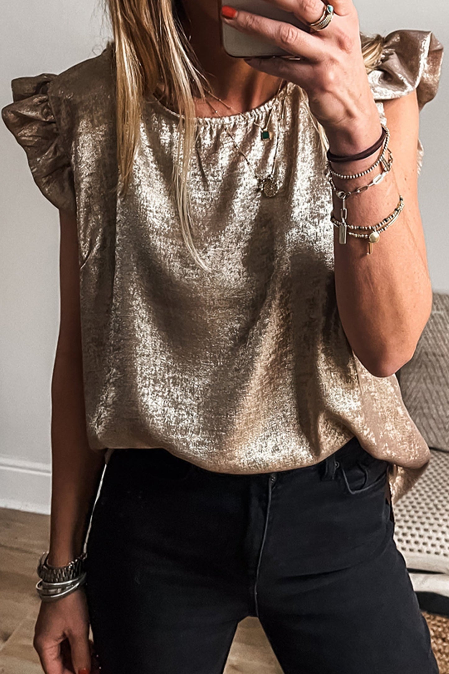 Gold Metallic Round Neck Ruffle Trim Sleeveless Top