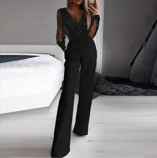 High-Waisted Slim Fit V-Neck Jumpsuit (One Piece)